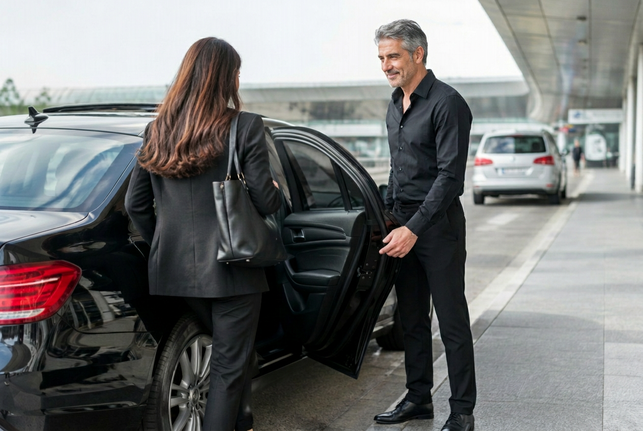 Driver opening the rear door for a traveler at the airport