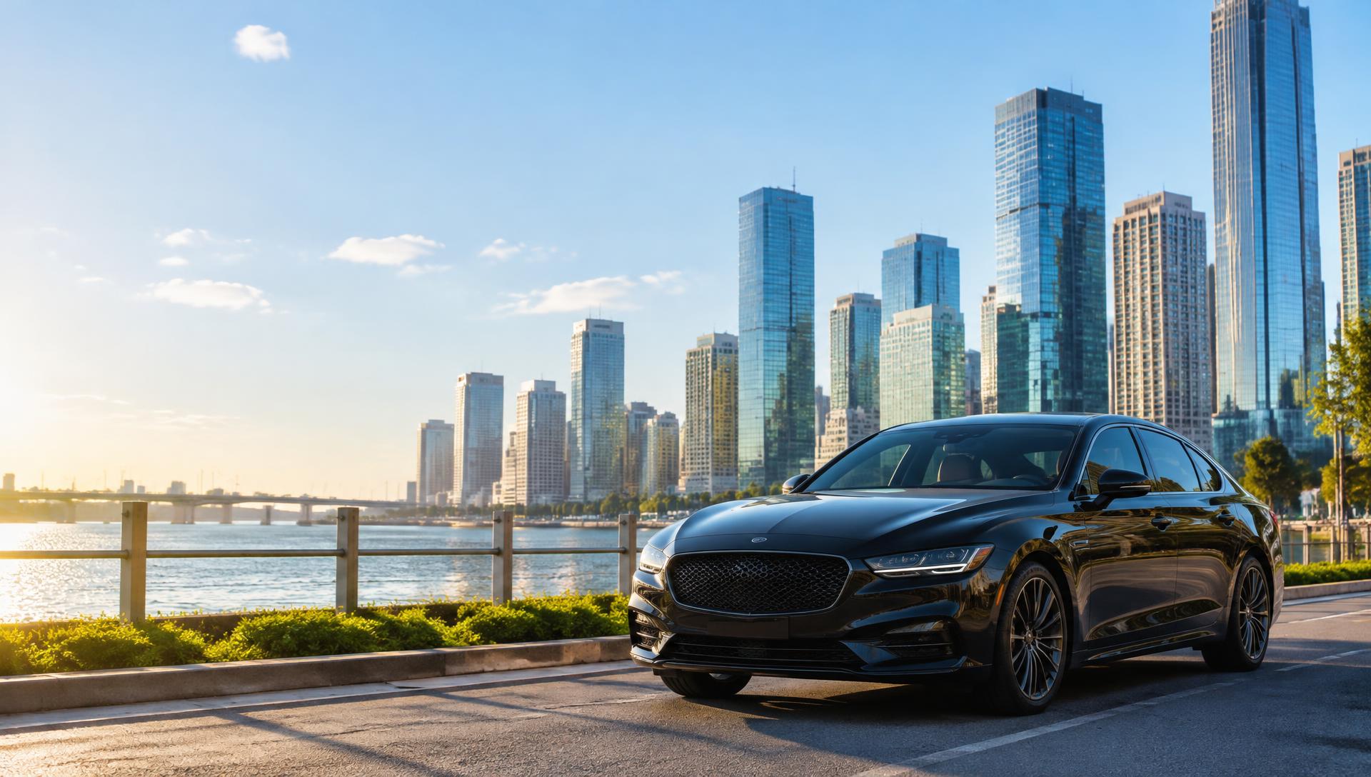 Black sedan parked by the river with a sunny city skyline behind it